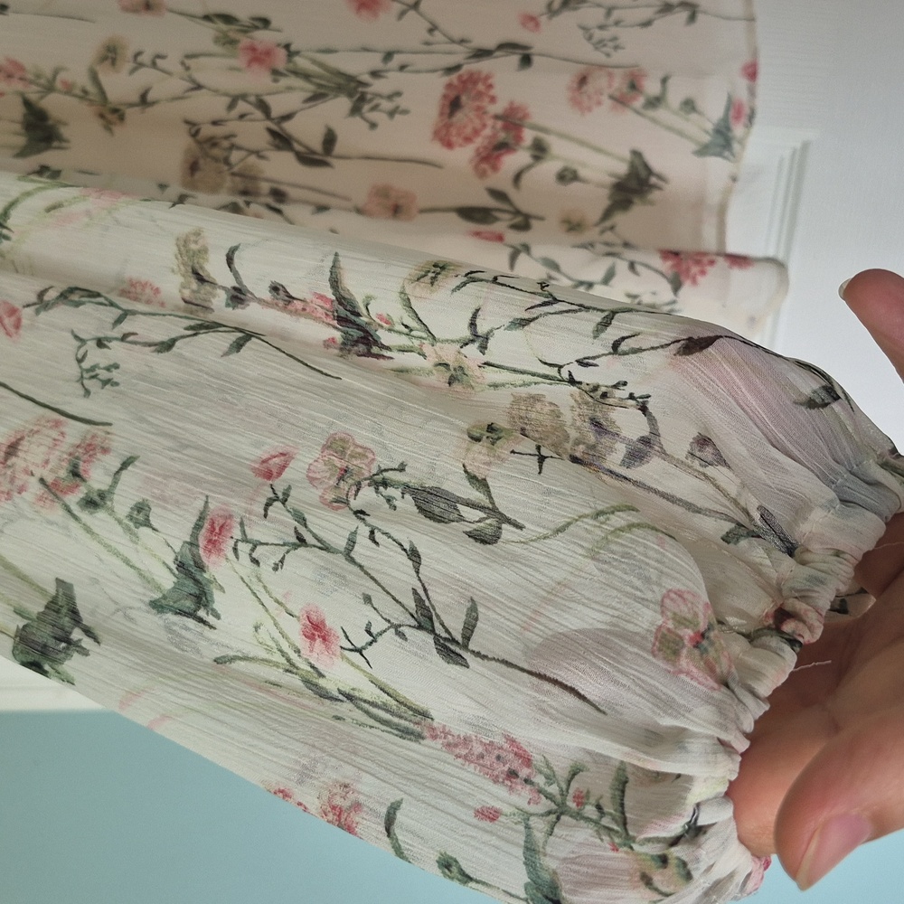 Rose + Olive Floral Long Sleeve Blouse | Cream Sheer Lined Top | Size Small - Picture 9 of 17